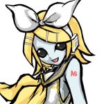  black_eyes black_sclera blonde_hair blue_skin bust detached_sleeves hair_ornament hair_ribbon hairclip headset kagamine_hiso kagamine_rin lowres nico_nico_douga no_eyebrows open_mouth ribbon simple_background solo vocaloid 