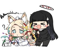  >_< 2girls :d animal_ears bird black_hair blonde_hair blue_archive blue_eyes blush_stickers chibi english_text hair_ornament hairclip halo highres long_hair multiple_girls party_popper release_celebration rio_(blue_archive) seia_(blue_archive) sesield smile very_long_hair xd 