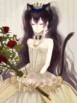  bad_id bare_shoulders butterfly cat_ears cat_tail closed_eyes crown dress eyes_closed flower jewelry nail_polish necklace original red_rose rose shikishima_(eiri) shikishima_(pixiv) solo tail 