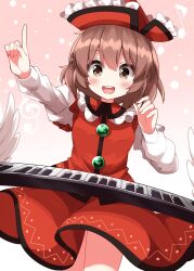  1girl :d arm_up blush brown_eyes brown_hair collared_vest commentary cowboy_shot eighth_note frilled_hat frilled_shirt_collar frills gradient_background hand_up hat highres index_finger_raised instrument juliet_sleeves keyboard_(instrument) long_sleeves looking_at_viewer lyrica_prismriver musical_note open_mouth outstretched_arm pink_background pointing puffy_sleeves red_hat red_skirt red_vest round_teeth ruu_(tksymkw) shirt short_hair skirt skirt_set smile solo staff_(music) standing teeth touhou treble_clef upper_teeth_only vest white_background white_shirt 