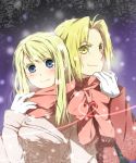  1girl bad_id blonde_hair blue_eyes blush coat colored_eyelashes couple earrings edward_elric eyelashes fullmetal_alchemist gloves heart jewelry long_hair mitsu_yomogi scarf shared_scarf smile snow white_gloves winry_rockbell winter_clothes yellow_eyes 