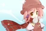  animal_ears boxinhev brown_eyes bust food hat mouth_hold mystia_lorelei nikuman pink_hair scarf solo touhou yellow_eyes 