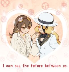  2girls blush bowler_hat braid brown_hair closed_mouth commentary_request cookie_run croissant_cookie goggles goggles_on_head hands_up hat highres holding_hands huashengjiang233 jacket jewelry long_hair multicolored_hair multiple_girls necklace selfcest shirt smile streaked_hair timekeeper_cookie upper_body white_hat white_jacket white_shirt yuri 