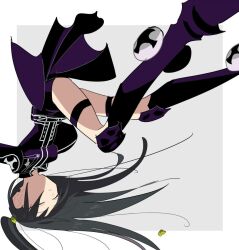  1girl armored_boots badge belt black_coat black_footwear black_hair black_shorts black_skirt boots closed_eyes coat collared_coat d.gray-man floating floating_hair hair_ornament hairclip legs lenalee_lee long_hair long_legs shorts skirt solo striped_coat thigh_strap thighs twintails untying_hair upside-down white_stripes xmori_6 