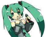  detached_sleeves green_eyes green_hair hand_over_mouth lowres microphone molly nail_polish necktie simple_background twintails vocaloid white 