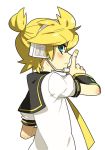  blue_eyes detached_sleeves finger_to_mouth headphones kagamine_len looking_back male molly necktie ponytail sailor_collar sailor_uniform vocaloid white wrist_cuffs 