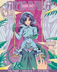  1other 3girls :d angel_statue anjo_nala artist_name black_hair blue_corset blue_hat blue_neckerchief blue_shirt character_name coif corset dress gloves green_gloves green_skirt green_tail hands_up hat highres lizard_tail long_dress long_hair looking_at_viewer ms._grace_(reverse:1999) multiple_girls neckerchief outstretched_hand plant pov pov_hands reverse:1999 shirt sitting skirt smile solo_focus swing tail toy_robot vertin_(reverse:1999) violet_eyes yurax-mae 