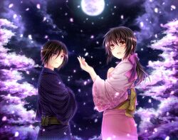  black_hair bow brown_eyes cherry_blossoms cloud full_moon hair_bow hakuouki_shinsengumi_kitan hand_on_own_chest hijikata_toshizou_(hakuouki) hijitaka_toshizou japanese_clothes kimono moon night open_mouth petals smile yukata yukimura_chizuru yunaminato yuuna_minato 