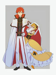  1boy 1girl absurdres black_footwear black_ribbon blonde_hair blue_eyes cape coat commentary_request dress elbow_gloves facing_viewer felt_(re:zero) full_body gloves grey_background hair_ribbon hiding hiding_behind_another highres looking_at_viewer looking_to_the_side orange_footwear pants re:zero_kara_hajimeru_isekai_seikatsu red_eyes red_hair reinhard_van_astrea ribbon short_hair shukenow sideways_glance simple_background smile white_cape white_coat white_gloves white_pants yellow_dress 