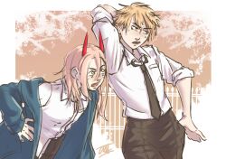  1boy 1girl angry avacado1357 blonde_hair chainsaw_man denji_(chainsaw_man) fang hand_behind_head hand_in_pocket hand_on_hip horns orange_background power_(chainsaw_man) simple_background yellow_eyes 