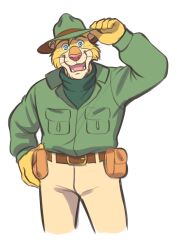  1boy absurdres belt belt_buckle blue_eyes brown_belt buckle campaign_hat cat_boy cat_nose green_hat green_jacket green_sweater hand_on_own_hip hat hat_tip highres holster huey_(thegoodbyed) jacket montana_jones montana_jones_(series) open_mouth simple_background smile sweater thigh_holster turtleneck turtleneck_sweater whiskers white_background 