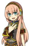 belt blue_eyes buckle detached_sleeves hand_on_chest headphones jewelry long_hair megurine_luka microphone molly nail_polish navel open_mouth pink_eyes pink_hair simple_background smile solo vocaloid white 