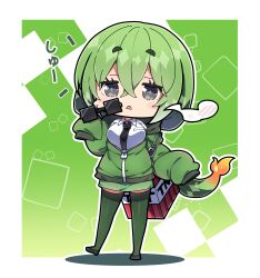  1girl absurdres black_footwear black_necktie breasts character_request chibi collared_shirt commentary_request explosive fangs full_body green_background green_hair green_jacket green_skirt green_thighhighs grey_eyes highres holding holding_removed_eyewear jacket large_breasts long_sleeves milkpanda minecraft necktie parted_lips puffy_long_sleeves puffy_sleeves shadow shirt shoes short_eyebrows skirt sleeves_past_fingers sleeves_past_wrists solo standing standing_on_one_leg steam sunglasses tail thick_eyebrows thigh-highs tnt tnt_block_(minecraft) translation_request unworn_eyewear white_shirt 