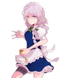  bad_id blue_eyes braid card cards chiri_(o9o9) holding holding_card izayoi_sakuya maid maid_headdress pocket_watch short_hair silver_hair solo touhou twin_braids watch 