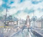  boots brown_hair building cityscape closed_umbrella coat dress house jacket open_clothes open_coat original power_lines railing rain rubber_boots scenery short_hair sidewalk sky solo sparkle umbrella walking white_dress yuuko_(nora0x0) 