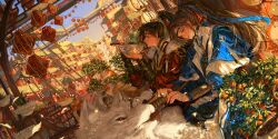  1boy 1girl absurdres architecture bandaged_hand bandages beads bird blue_capelet blue_hanfu blue_headband bowl braid brown_eyes brown_hair building capelet chinese_clothes chinese_food chopsticks east_asian_architecture erha_he_tadebai_mao_shizun food fruit fur_trim gradient_sky hair_ribbon hanfu headband highres holding holding_bowl holding_chopsticks holdnhug lantern long_hair long_sleeves looking_at_animal looking_at_another mandarin_orange nangong_si noodles orange_tree outdoors plant red_hanfu red_ribbon ribbon sitting sky smile steam steamed_bun tassel thai_commentary white_wolf wolf xiao_guan_(headdress) ye_wangxi 