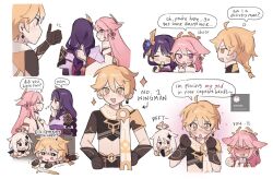  1boy 3girls aether_(genshin_impact) anger_vein animal_ears armor blonde_hair blush braid bridal_gauntlets crop_top crystal_hair_ornament dango detached_sleeves dress earrings english_commentary english_text fan_hair_ornament flower food fox_ears fox_girl genshin_impact gloves hair_flower hair_ornament halo japanese_clothes jewelry kimono long_hair low-braided_long_hair low-tied_long_hair mechanical_halo midriff mole mole_under_eye multiple_girls nonons nontraditional_miko paimon_(genshin_impact) parted_bangs pink_hair purple_hair purple_kimono raiden_shogun romper scarf shoulder_armor shrug_(clothing) sidelocks speech_bubble sword thumbs_up violet_eyes wagashi weapon white_dress white_hair white_romper yae_miko yuri 