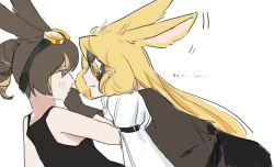  2girls :3 animal_ears black_shirt blonde_hair brown_eyes brown_gloves brown_hair closed_mouth cookie_run croissant_cookie gloves hand_up highres huashengjiang233 long_hair multicolored_hair multiple_girls ponytail rabbit_ears selfcest shirt sidelocks simple_background sleeveless sleeveless_shirt smile streaked_hair timekeeper_cookie upper_body very_long_hair white_background yuri 