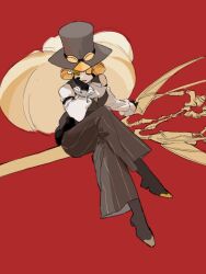  1girl black_gloves blonde_hair boots brown_footwear brown_pants cookie_run cookie_run:_ovenbreak frilled_sleeves frills full_body gloves hat highres holding holding_scissors huashengjiang233 huge_weapon long_hair long_sleeves looking_at_viewer multicolored_hair pants parted_lips puffy_long_sleeves puffy_sleeves red_background scissors simple_background smile solo streaked_hair timekeeper_cookie top_hat very_long_hair weapon white_hair yellow_eyes 