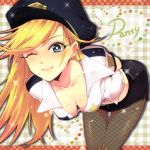  arms_behind_back bad_id bent_over blonde_hair blue_eyes blush breasts cleavage down_blouse fishnet_pantyhose fishnets leaning_forward long_hair panty_&amp;_stocking_with_garterbelt panty_(character) panty_(psg) pantyhose police police_uniform rioka skirt smile solo uniform wink 