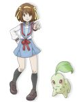  1girl a-ka brown_eyes brown_hair chikorita crossover hair_ribbon hairband parody pointing pokemon pokemon_(creature) pokemon_(game) pokemon_gsc ribbon school_uniform serafuku short_hair style_parody suzumiya_haruhi suzumiya_haruhi_no_yuuutsu 