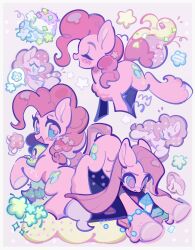  :d ^_^ animal animal_focus blue_eyes blunt_ends border closed_eyes colored_skin confetti cutie_mark dual_persona full_body grey_background gummy_(my_little_pony) hair_ornament highres long_hair looking_at_viewer my_little_pony my_little_pony:_friendship_is_magic open_mouth pink_hair pink_skin pink_tail pinkamena_diane_pie pinkie_pie pony_(animal) simple_background smile spoken_flower star_(symbol) star_hair_ornament straight_hair white_border yanyannonoz 