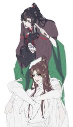  3boys bandaged_neck bandaged_wrist bandages bindi black_hair black_hanfu boots brown_eyes brown_hair carrying chinese_clothes clenched_teeth closed_eyes creator_connection crossover english_commentary folded_fan folding_fan green_hanfu grey_eyes grimace hair_bun hair_ribbon hand_fan hand_on_another's_head hand_on_another's_leg hanfu high_ponytail highres holding holding_fan jeongbae22 long_hair long_sleeves looking_ahead looking_at_another male_focus modao_zushi multiple_boys pants parted_lips piggyback ponytail renzha_fanpai_zijiu_xitong ribbon shen_qingqiu simple_background smile teeth tianguan_cifu wei_wuxian white_background white_footwear white_hanfu white_pants white_ribbon wide_sleeves xiao_guan_(headdress) xie_lian 