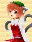  animal_ears brown_hair cat_ears cat_tail chen earrings hat jewelry kiki_ryuu multiple_tails open_mouth pink_eyes short_hair sitting solo tail touhou 