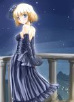  back bag balcony bare_shoulders blonde_hair blue_eyes cecilia_glinda_miles dress elbow_gloves erica_hartmann flower formal gloves gown hair_flower hair_ornament highres looking_back major_miles night night_sky purse railing short_hair sky star_(sky) starry_sky strapless strapless_dress strike_witches vt 