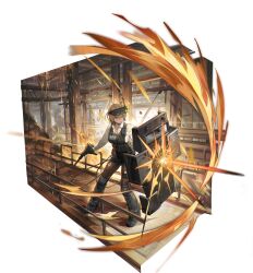  1girl ammunition_pouch ballistic_shield belt_pouch black_footwear black_gloves black_pantyhose black_skirt boots brown_eyes brown_hair bulletproof_vest collared_shirt dress_shirt echoes_of_vision explosion firefight gloves head-mounted_display highres holding holding_shield indoors knee_boots legs_apart long_sleeves miniskirt official_art pantyhose pencil_skirt pouch projectile_trail radio_antenna railing ricocheting shield shirt short_hair skirt solo sparks standing taking_cover tarasque_(echoes_of_vision) torn_clothes torn_pantyhose transparent_background truss under_fire weapon_request white_shirt 