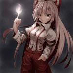  bow finger-tip_fire fire fujiwara_no_mokou hair_bow hand_in_pocket hands hands_in_pockets hiro_(pqtks113) light long_hair navel pointing red_eyes smile solo suspenders touhou white_hair 