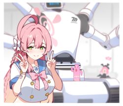  2girls ahoge avant_garde_(blue_archive) blue_archive blush bow braid breasts double_v green_eyes halo hanako_(blue_archive) haniwa_(statue) ideolo koharu_(blue_archive) large_breasts long_hair multiple_girls pink_hair pink_halo robot shirt short_sleeves smile v white_shirt 