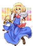  ahoge alice_margatroid apron ascot blonde_hair blue_eyes book boots bow capelet closed_eyes doll dress fingerless_gloves gloves hair_bow hairband jewelry necktie open_mouth pantyhose ribbon ring sash shanghai_doll smile solo string touhou yuuki._(limit) 