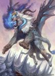  blue_fire chimera claws copyright_request fangs fire flying g.river horn monster mountain multiple_eyes tail wings 
