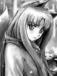  animal_ears head_tilt holo horo long_hair looking_at_viewer lsxilo monochrome scarf snow solo spice_and_wolf tail wolf_ears wolf_tail 