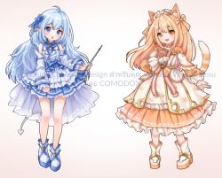  2girls animal_ears bare_legs blue_dress blue_eyes blue_footwear blue_hair blush book boots breasts cat_ears cat_girl cat_tail commentary commission comodox demon_girl demon_tail detached_sleeves dress english_commentary holding holding_book holding_wand long_hair long_sleeves looking_at_viewer multiple_girls open_mouth orange_dress orange_eyes orange_footwear orange_hair original pointy_ears puffy_long_sleeves puffy_sleeves short_dress simple_background sleeveless sleeveless_dress small_breasts tail wand watermark white_background 