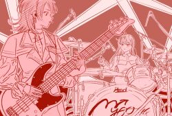  2girls bang_dream! bang_dream!_it's_mygo!!!!! capelet closed_mouth cymbals drum drum_set drumsticks earrings electric_bass_guitar eoljukko gloves half_gloves highres holding holding_drumsticks instrument jewelry long_hair long_sleeves looking_at_another microphone_stand mole mole_under_eye mouth_hold multiple_girls music playing_bass_guitar playing_instrument plectrum plectrum_in_mouth red_theme shiina_taki smile timoris_(bang_dream!) yahata_umiri 