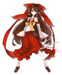  adapted_costume ascot bad_id bare_shoulders belt bow brown_hair detached_sleeves gohei hair_bow hair_ribbon hakurei_reimu kyra loafers long_hair midriff miko mound_of_venus navel red_eyes ribbon shoes simple_background solo standing touhou 