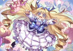  1girl blonde_hair blue_bow bow box_of_friends commentary_request doll_monster_bear-bear doll_monster_rob_robot drill_hair duel_monster fushitasu gift hair_bow lolita_fashion long_hair lower_teeth_only open_mouth outstretched_arms princess_cologne solo stuffed_animal stuffed_cat stuffed_dog stuffed_dragon stuffed_rabbit stuffed_toy teddy_bear teeth toy_robot very_long_hair yu-gi-oh! zombowwow 