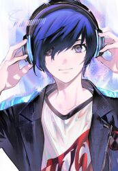  1boy black_jacket blue_eyes blue_hair gapamopa hands_on_headwear headphones highres jacket looking_at_viewer male_focus persona persona_3 persona_3:_dancing_moon_night persona_dancing portrait shirt short_hair smile solo white_background white_shirt yuuki_makoto_(persona_3) 