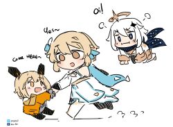  3girls absurdres artist_name blonde_hair blue_eyes blush closed_mouth crossover detached_sleeves dress english_text eye_contact facebook_logo flower genshin_impact hair_between_eyes hair_flower hair_ornament halo hand_grab headgear highres jacket looking_at_another lumine_(genshin_impact) mi-a_(tower_of_fantasy) multiple_girls open_mouth orange_jacket paimon_(genshin_impact) puff_of_air pulling scarf sesield sketch smile tower_of_fantasy twitter_logo white_dress white_flower white_hair white_romper yellow_eyes 