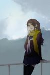 black_thighhighs brown_hair cellphone cloud clouds long_hair lowres original phone scarf sky solo standing striped striped_scarf thigh-highs thighhighs torishima yellow_eyes zettai_ryouiki 