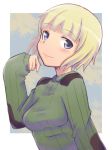  blue_eyes blush elbow_patches em erica_hartmann shoulder_patches sky solo strike_witches sweater 
