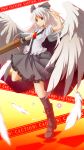  alternate_color alternate_hair_color arm_cannon black_kneehighs black_legwear boots bow caution caution_tape feathers frown hair_bow highres kneehighs large_wings long_hair radiation_symbol red_eyes reiuji_utsuho skirt solo standing_on_one_leg touhou weapon white_hair wings zb 