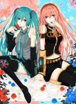  aqua_eyes aqua_hair bad_id bare_shoulders black_legwear black_thighhighs flower hatsune_miku headphones highres long_hair megurine_luka multiple_girls navel necktie nuko_(mikupantu) sitting thigh-highs thighhighs twintails very_long_hair vocaloid 