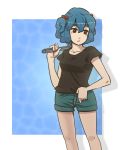  alternate_costume bad_id blue_hair casual contemporary hair_bobbles hair_ornament hikimaru kawashiro_nitori no_hat no_headwear red_eyes shorts solo standing touhou twintails wrench 