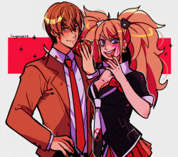  1boy 1girl absurdres apple bear_hair_ornament blonde_hair blood bra bra_peek brown_hair crossover danganronpa:_trigger_happy_havoc danganronpa_(series) death_note enoshima_junko food fruit gyaru hair_ornament highres huyandere jacket necktie pink_blood shirt smile twintails underwear yagami_light 