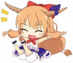  1girl :d ^_^ arms_up bloomers bow chain chibi closed_eyes dress eyes_closed fang hair hair_bow hokkyokuguma horns ibuki_suika long long_hair open_mouth orange_hair shoes sitting smile solo touhou wrist_cuffs 