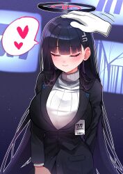  1girl black_hair black_shirt blue_archive blunt_bangs blush breasts closed_eyes cowboy_shot disembodied_hand eyebrows eyebrows_visible_through_hair eyelashes halo headpat heart highres huge_breasts i-nn rio_(blue_archive) shirt smile solo spoken_heart sweater white_sweater 