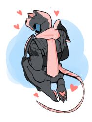 1boy animal_ears armor black_armor cat_ears cat_helmet full_body heart helmet highres huashengjiang233 kamen_rider kamen_rider_revice kamen_rider_vice kneeling looking_at_viewer paw_print pink_scarf scarf solo tail